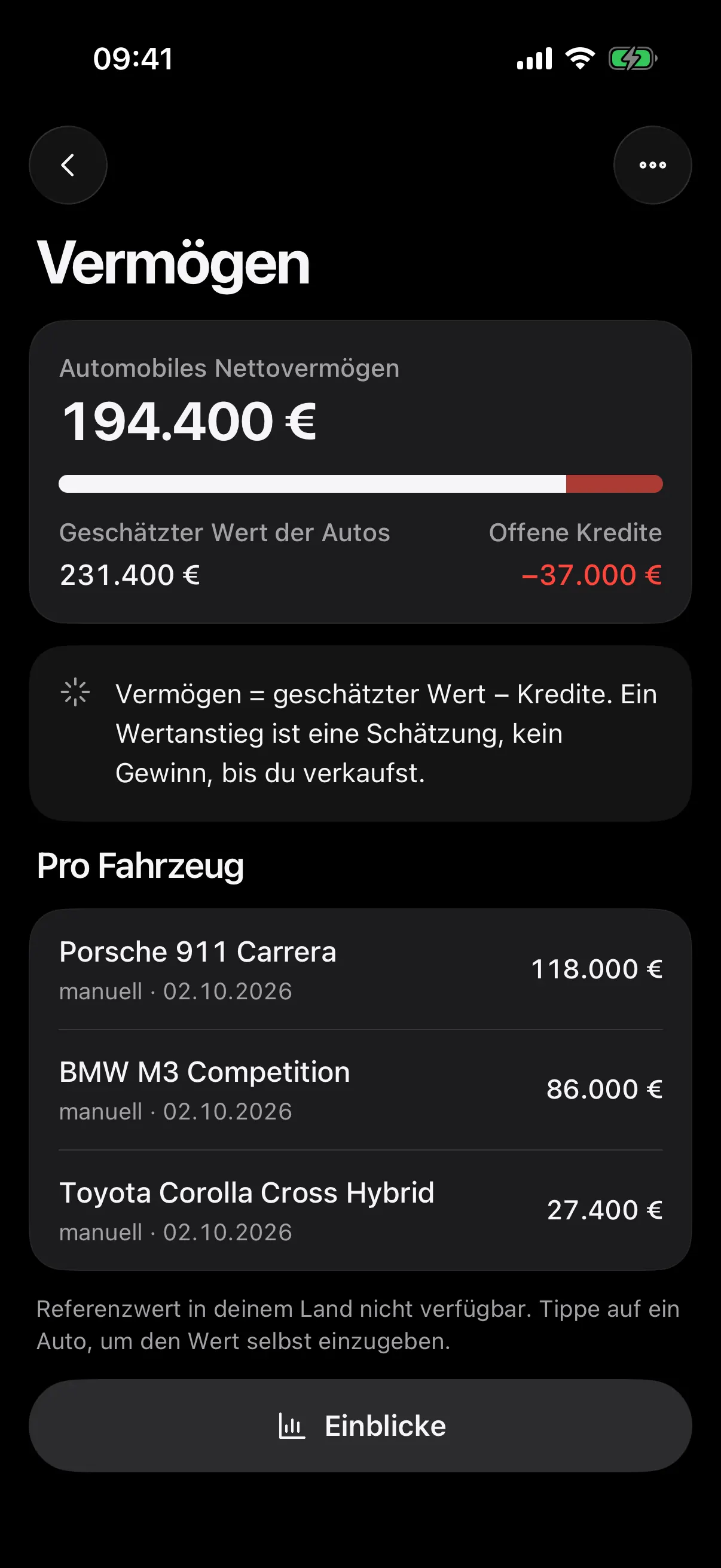 Vermögen: der geschätzte Wert der Autos minus offene Kredite, mit manuellem Wert und Datum für jedes Auto
