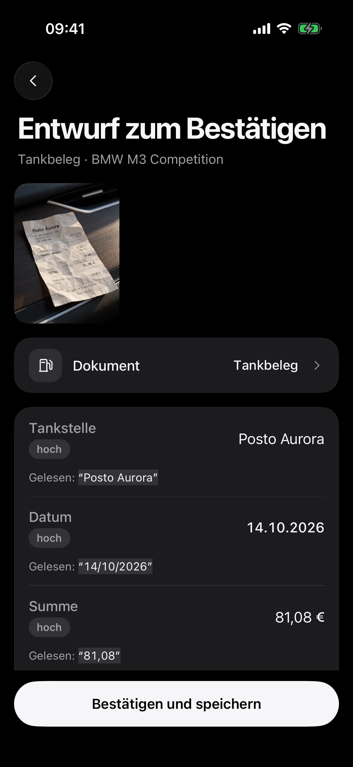 Ein Tankbeleg, auf dem Handy als Entwurf zum Bestätigen gelesen: Jedes Feld zeigt, was gelesen wurde und wie sicher die Lesung ist