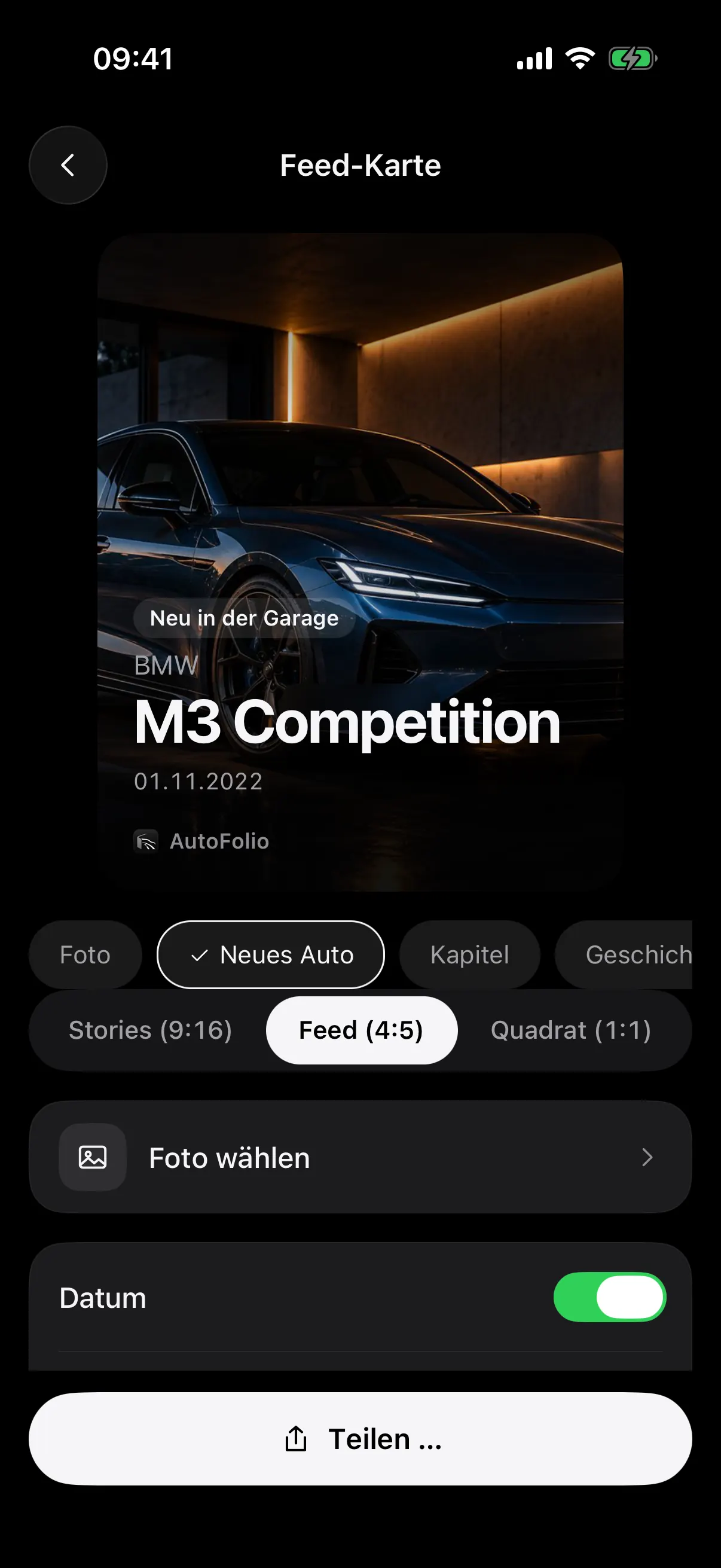 Eine Teilen-Karte für ein neues Auto: Foto, Marke, Modell und Datum im Feed-Format