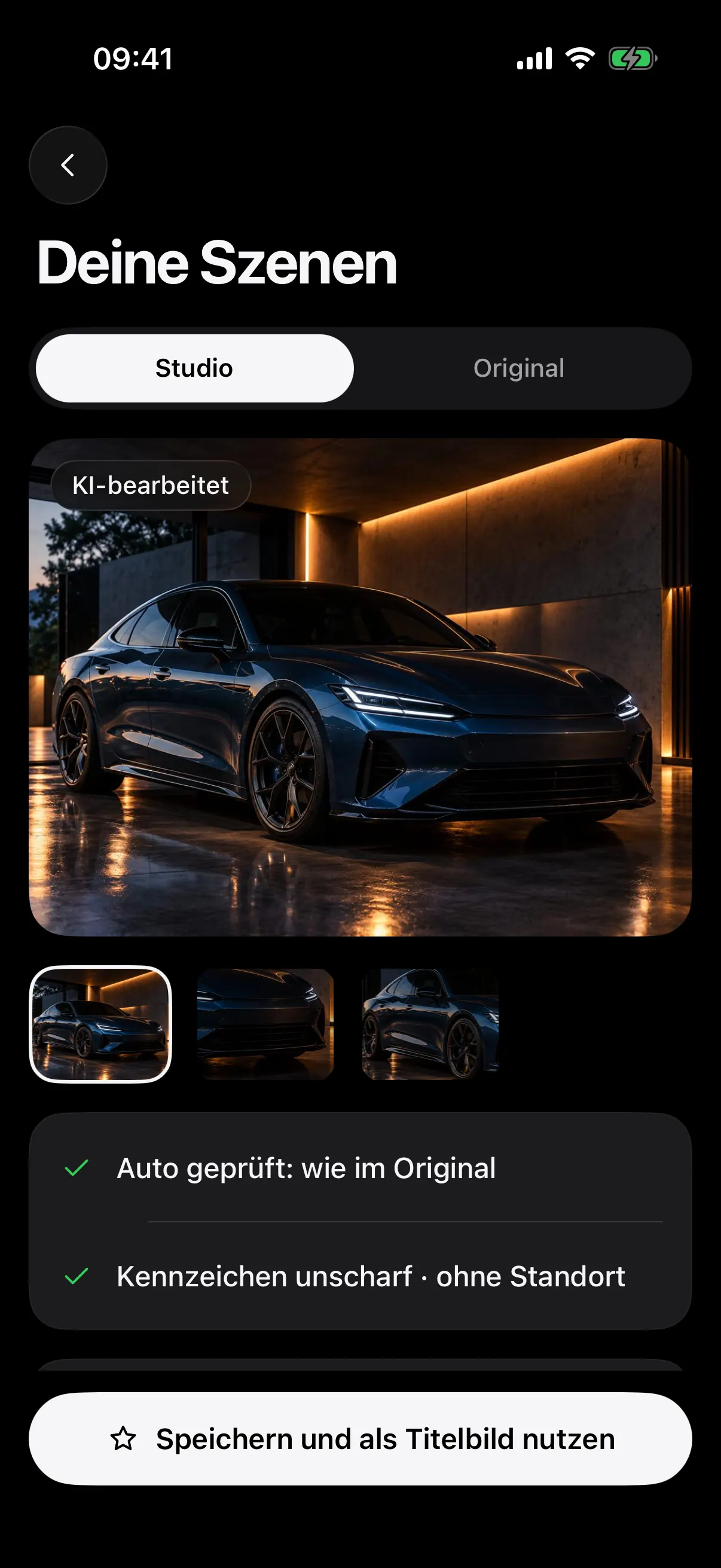 Das Ergebnis aus dem Studio: das Auto in einer neuen Nachtszene, als KI-bearbeitet gekennzeichnet, mit unkenntlichem Kennzeichen und mit dem Original abgeglichen