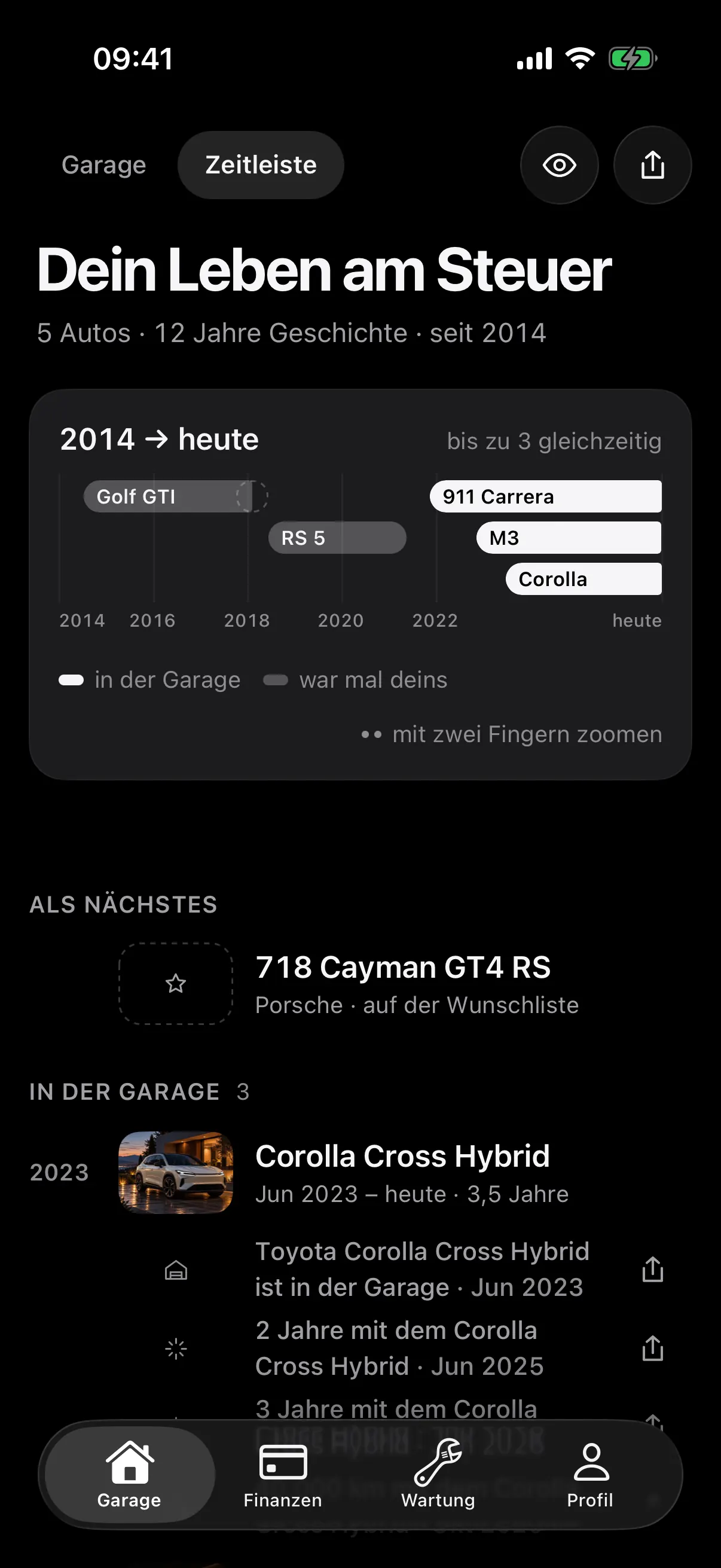 Die Zeitleiste der Garage: alle Autos, die du hattest, auf einer Linie, das nächste auf der Wunschliste und die Autos der Garage nach Jahr