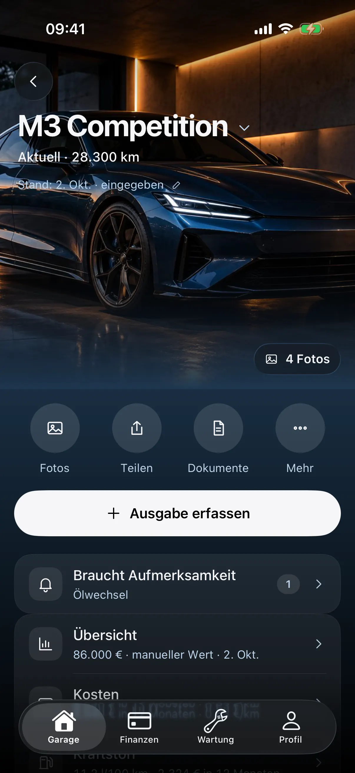 Der Bildschirm des Autos in AutoFolio · Autofarbe