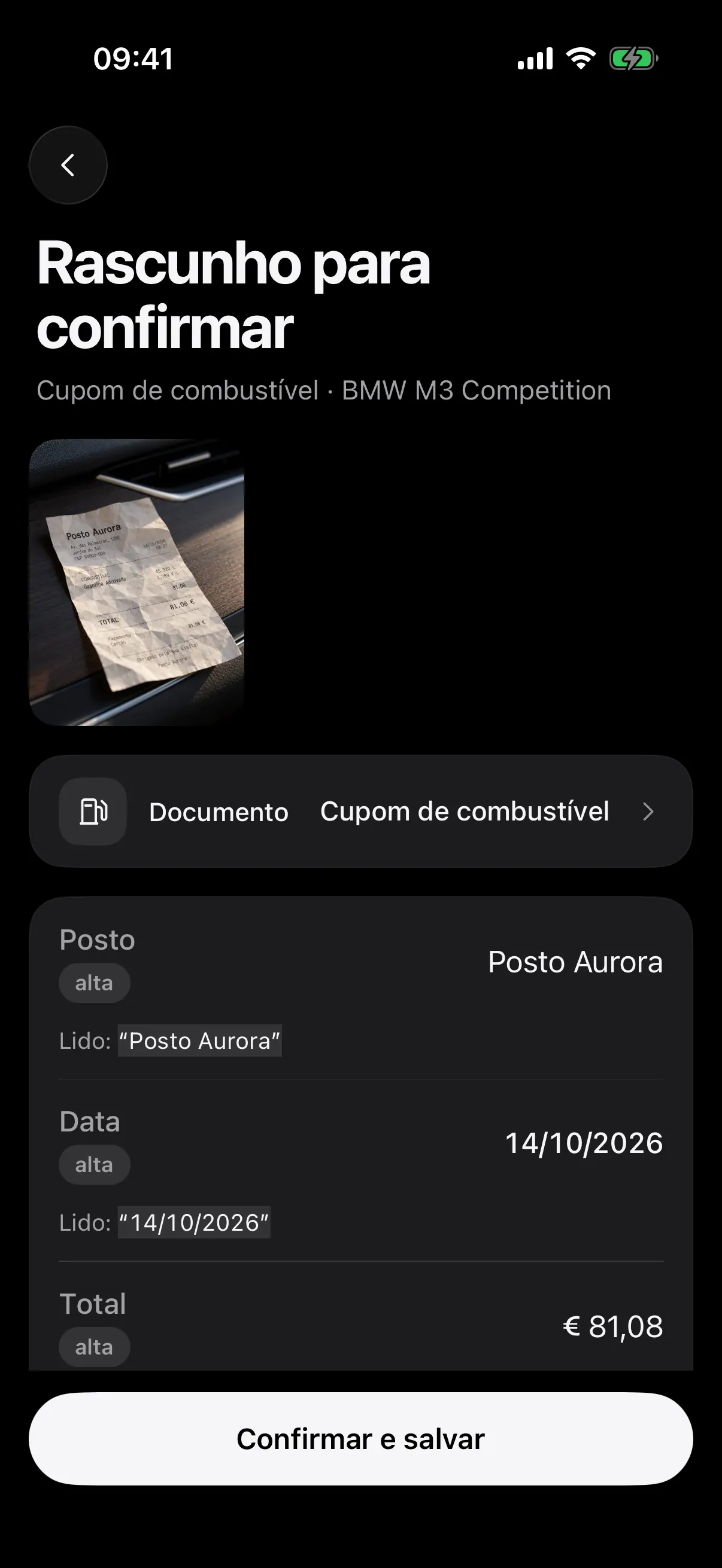 Um cupom de combustível lido no celular como rascunho para confirmar: cada campo mostra o que foi lido e o grau de confiança