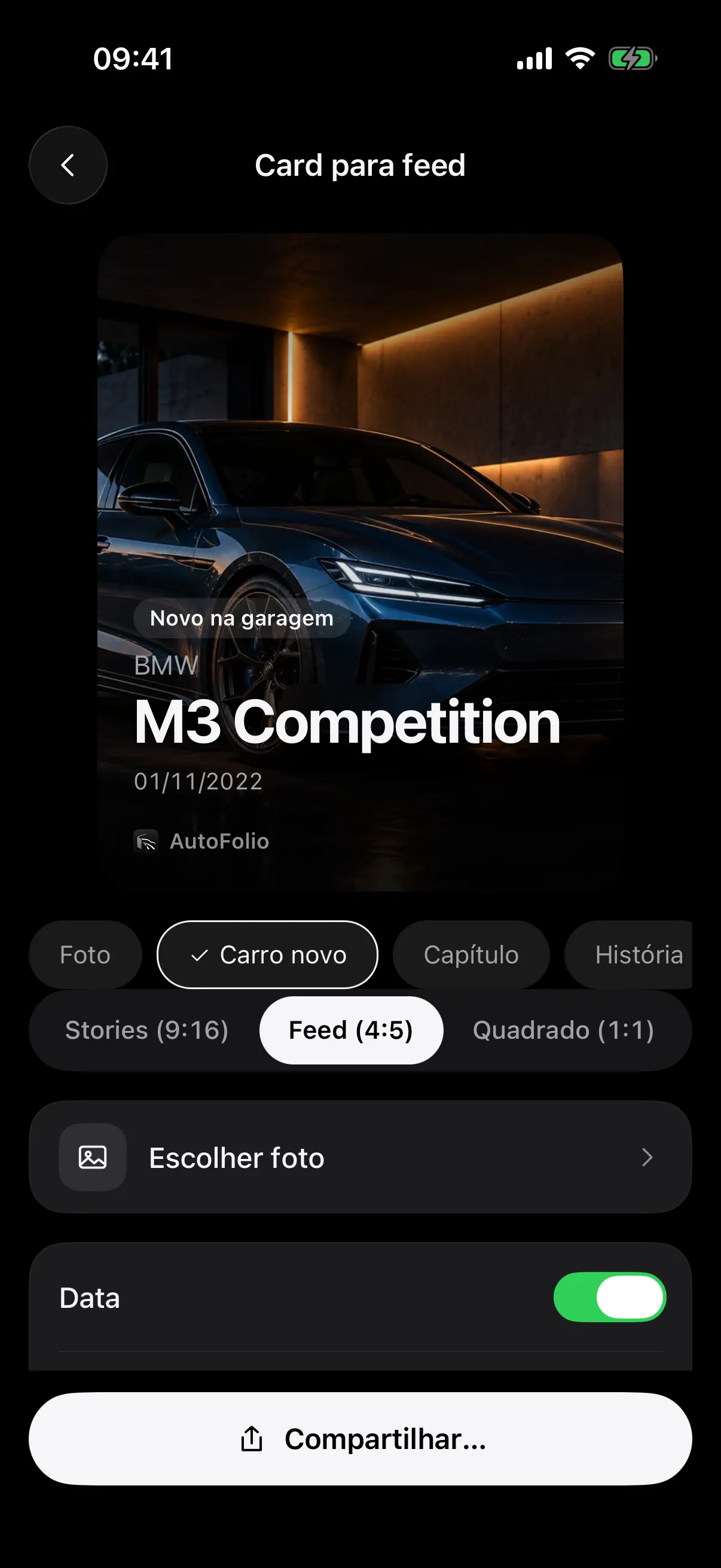 Um card para compartilhar um carro novo: a foto, a marca, o modelo e a data, no formato de feed