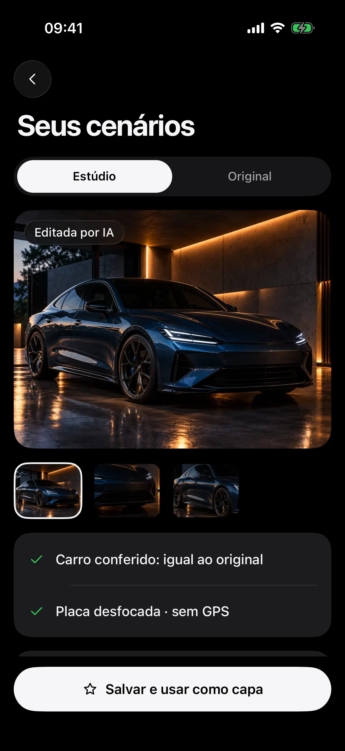 O resultado do Estúdio: o carro num novo cenário noturno, marcado como editado por IA, com a placa desfocada e o carro conferido com o original