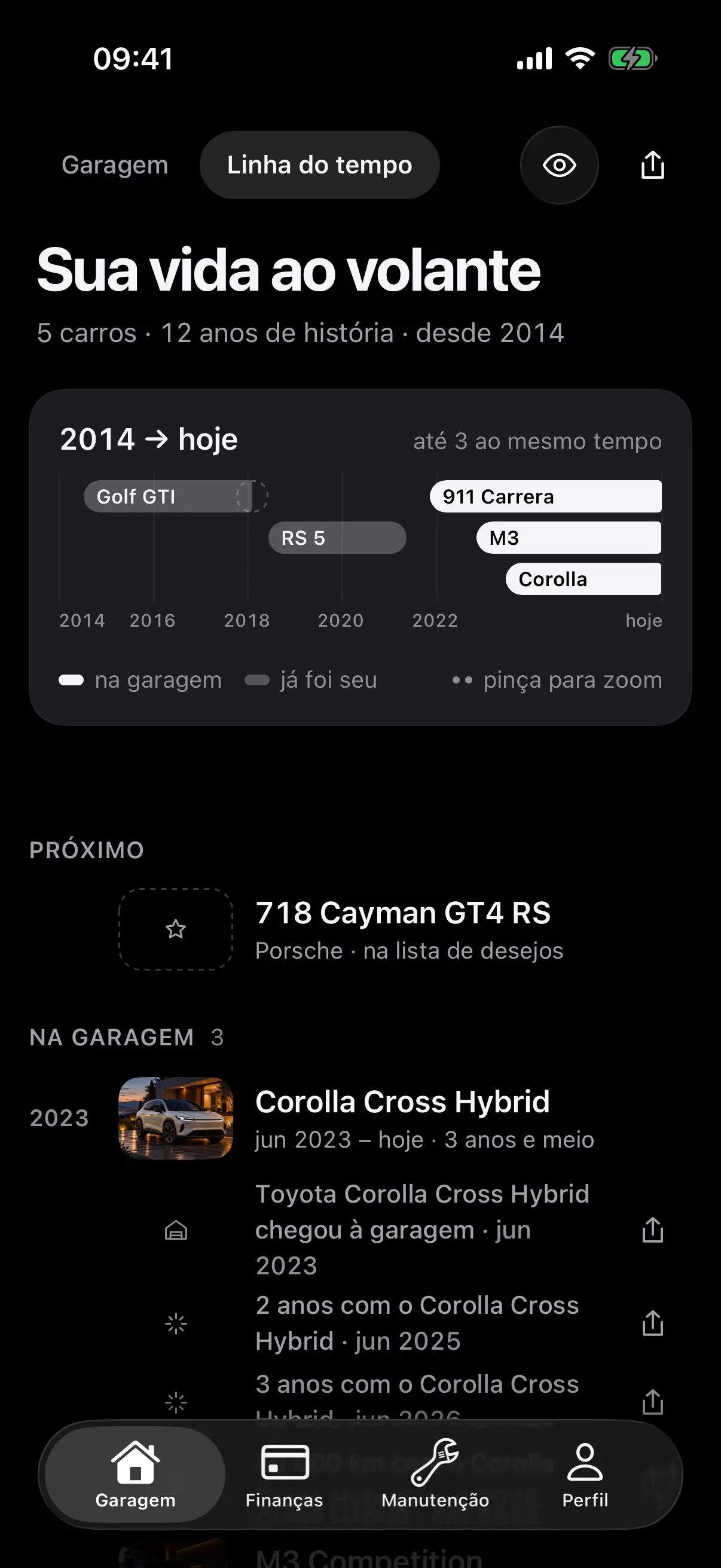 A linha do tempo da Garagem: todos os carros que você teve numa linha, o próximo na lista de desejos e os carros da garagem por ano