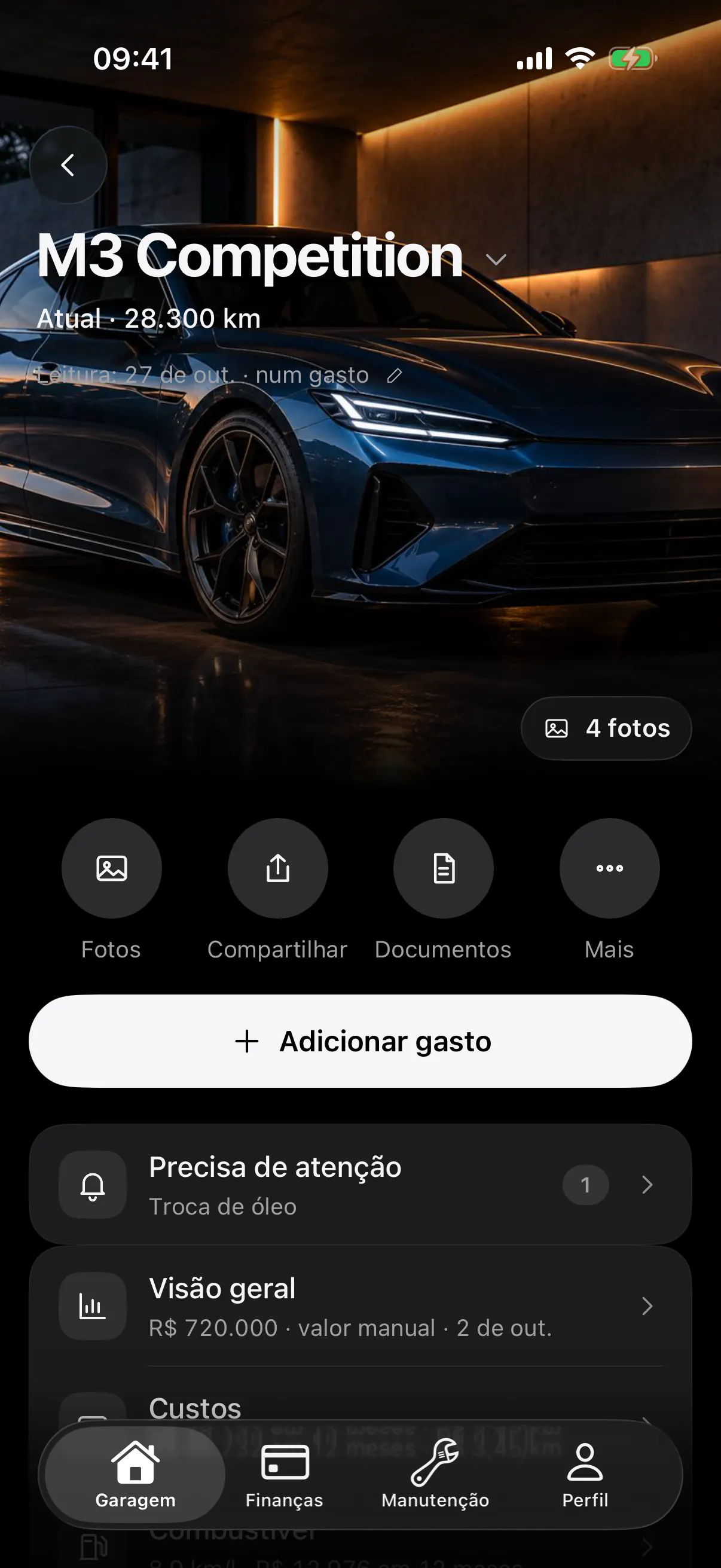 A tela do carro no AutoFolio